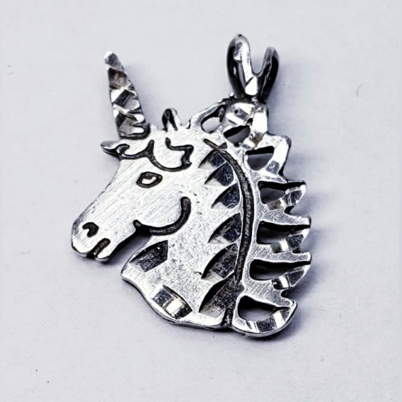Sterling Silver Engraved  Unicorn Head Charm Pendant - Picture 2 of 3
